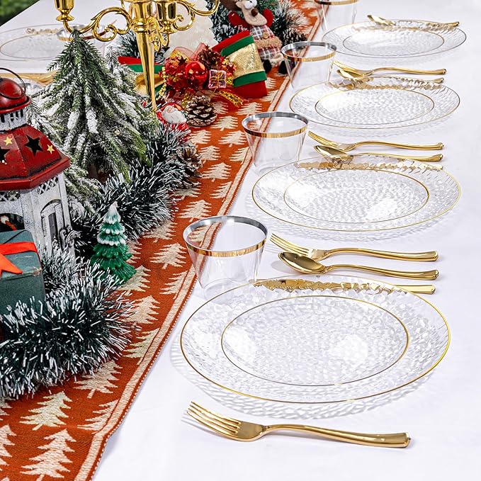 Rubtlamp 100Pcs Clear Gold Plastic Plates, Disposable Plates With Gold Rim, Heavy-duty Party Platos, Hammered Plastic Plates Include 50 Clear Dessert Platos, 50 Dinner Platos for Christmas