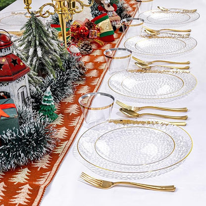 Rubtlamp 100Pcs Clear Gold Plastic Plates, Disposable Plates With Gold Rim, Heavy-duty Party Platos, Hammered Plastic Plates Include 50 Clear Dessert Platos, 50 Dinner Platos for Christmas