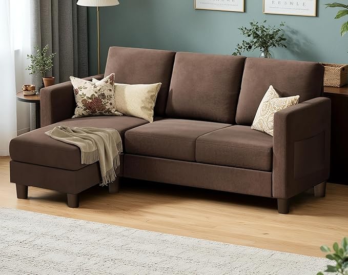 VICTONE Convertible Sectional Sofa Couch, 3 Seat L-Shaped Sofa with Linen Fabric Ottoman Small Couch for Small Apartments, Living Room and Office (Linen Fabric, Brown)