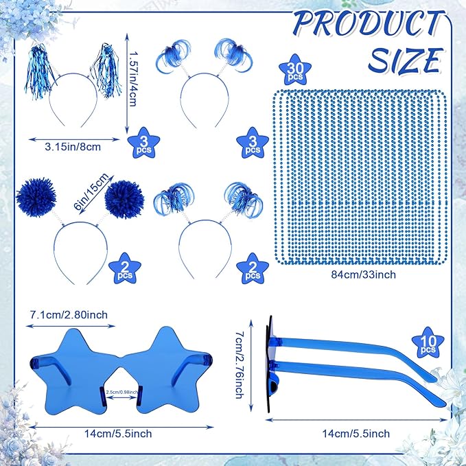 50 Pcs Blue Holiday Team Spirit Party Accessories Pom Pom Party Headbands Star Shape Sunglasses Bead Necklaces Stuff Favors for Birthday Wedding Supplies(Classic)