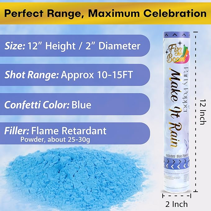 2 Pack Gender Reveal Smoke Confetti Poppers - Biodegradable Blue Powder Poppers for Baby Gender Reveal | Creates Vibrant Cloud of Color | Perfect for Photography and Special Events