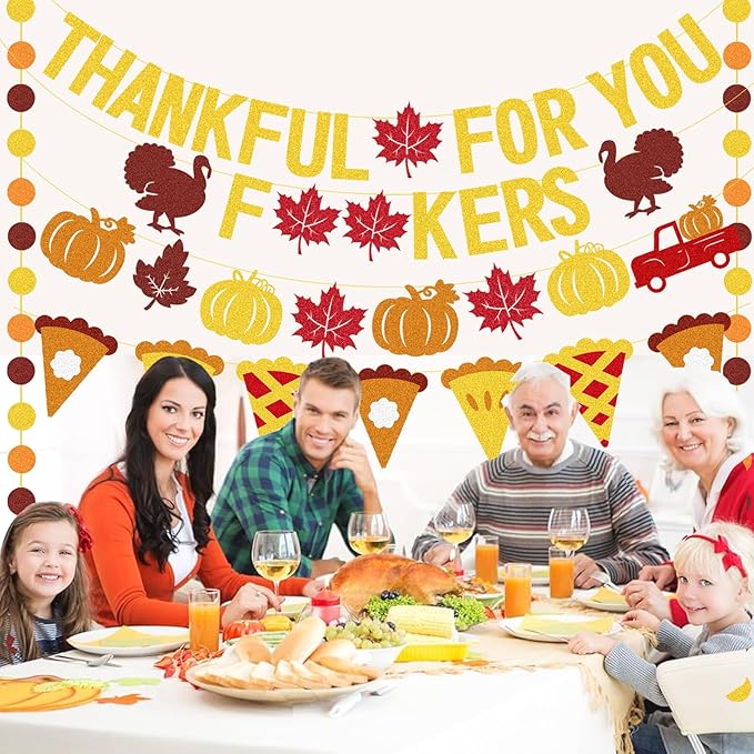 Thankful for You Banner Glitter Friendsgiving Decorations, Happy Thanksgiving Banner Funny Friendsgiving Thanksgiving Party Decorations