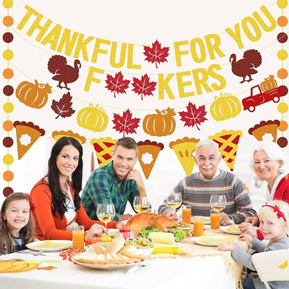 Thankful for You Banner Glitter Friendsgiving Decorations, Happy Thanksgiving Banner Funny Friendsgiving Thanksgiving Party Decorations