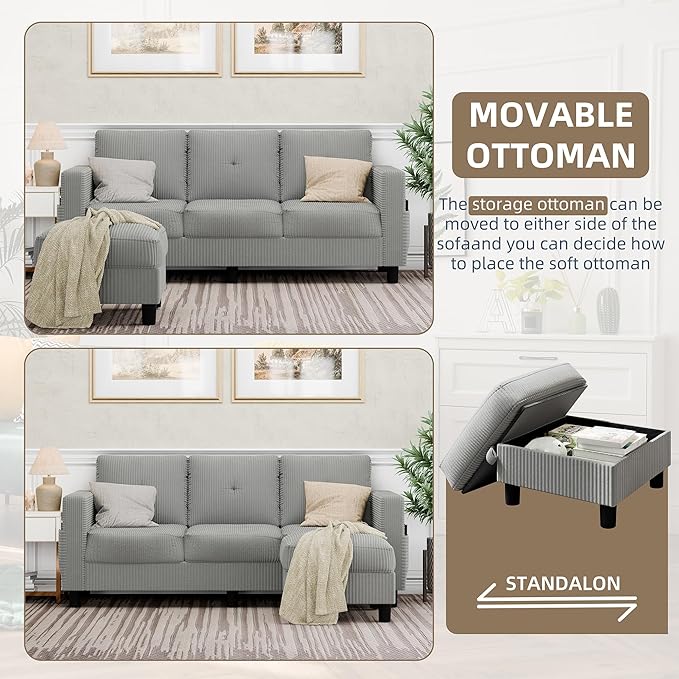JAMFLY Convertible Sectional Couches for Living Room, L-Shaped Couch 3 Seat Sectional Sofa Set with Corduroy Fabric and Movable Ottoman Small Couch for Apartments, Office(Light Grey)