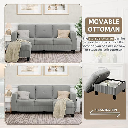 JAMFLY Convertible Sectional Couches for Living Room, L-Shaped Couch 3 Seat Sectional Sofa Set with Corduroy Fabric and Movable Ottoman Small Couch for Apartments, Office(Light Grey)