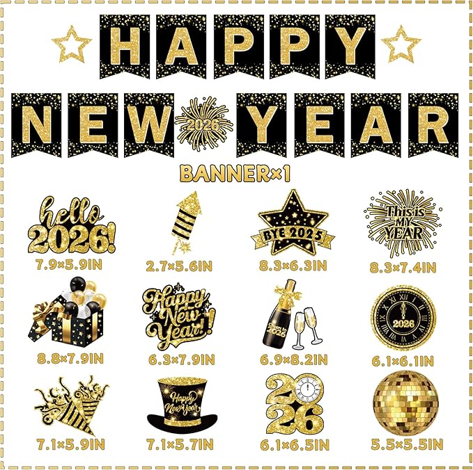 2026 New Years Decorations, Nye Year Party Decorations includes Happy New Year Banner and Hanging Swirl, NYE Party Supplies 2026 for News Years Eve Party Decor Indoor Outdoor Classroom Office