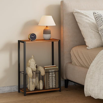 Narrow Side Table with Magazine Holder, Skinny End Table Perfect for Small Spaces, Space-Saving Design for Living Room, Bedroom, or Office, 7.1" D x 16.9" W x 23.6" H, Rustic Walnut