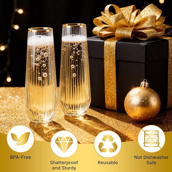 Goodluck 24pack Clear Stemless Plastic Champagne Flutes with Gold Rim，9oz Ribbed Stemless Toasting Glasses，Champagne Flutes Plastic for Weddings, Bars, Events, Party And Celebrations
