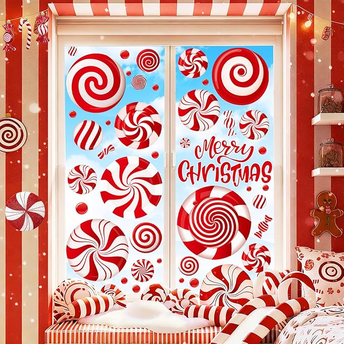 9 Sheets Christmas Window Clings, Candy Cane Christmas Decorations, Candyland Decal Stickers Decor for Home & Office