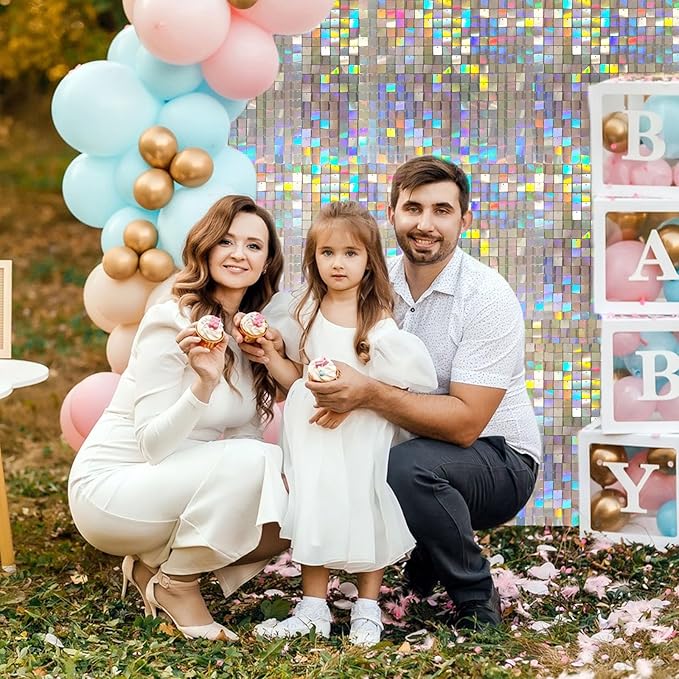 48 PCS Colorful Silver Shimmer Wall Backdrop, Square Sequin Photo Backdrops Panel, Glitter Wall Background for Birthdays, Weddings, Christmas, Engagements, Disco Bachelorette Party Decoration (6x8FT)