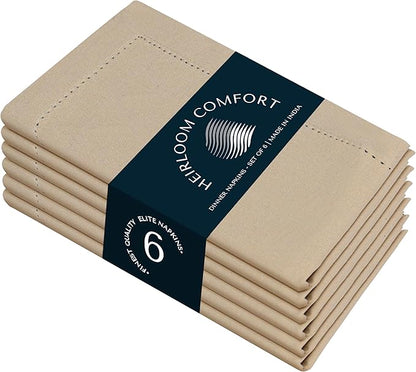 Beige Cloth Napkins Set of 6, 18 x 18 Inch - Soft, Absorbent, Durable, Reusable, Washable - Hemstitch Mitered Edges - Perfect Hotel Quality Napkin for Dinner, Weddings, Holiday Décor