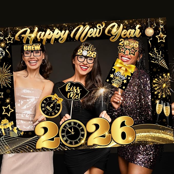 New Years Photo Booth Props 2026, Black Gold New Years Eve Photo Booth Props,Happy New Year Photo Frame, New Years Eve Party Supplies 2026 for New Year Eve Celebratory Party Favor