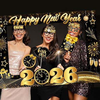 New Years Photo Booth Props 2026, Black Gold New Years Eve Photo Booth Props,Happy New Year Photo Frame, New Years Eve Party Supplies 2026 for New Year Eve Celebratory Party Favor
