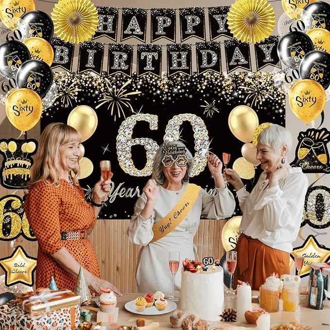 60th Birthday Decorations,39pcs-60th Birthday Decorations for Men & Women,Black Gold 60th Birthday Eyeglasses Decorations Banner Balloons Backdrop Hanging Swirls Paper Fans ,1965 Banner Party Supplies