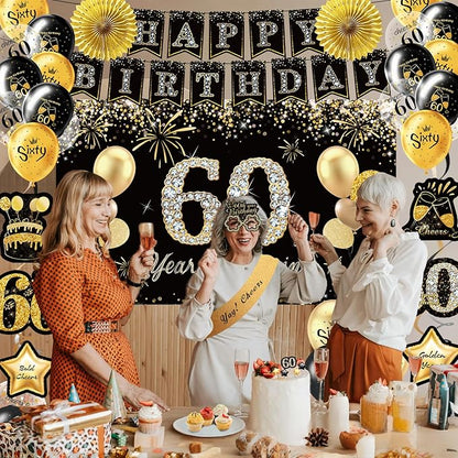 60th Birthday Decorations,39pcs-60th Birthday Decorations for Men & Women,Black Gold 60th Birthday Eyeglasses Decorations Banner Balloons Backdrop Hanging Swirls Paper Fans ,1965 Banner Party Supplies