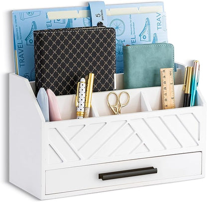 Wood Desk Organizer and Accessories with Drawer, Bill Mail Organizer and File Mail Holder for Office Supplies, Modern Desk Accessories & Workspace Organizers for Desk Organization
