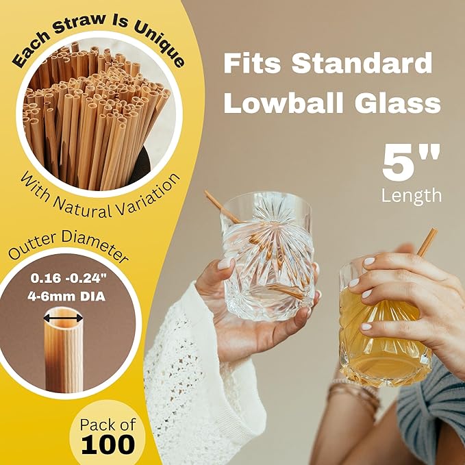 HAY! Straws® 5” Cocktail Straws | 100ct Disposable Natural Wheat Stem Straws | Never Soggy, Neutral-Taste | 100% Biodegradable, Compostable | For Lowball Drinks and Cocktails