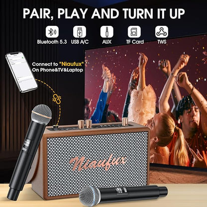 Karaoke Machine, Retro-Design Speaker with 2 Wireless Microphones for Adults & Kids, Portable Karaoke System for Home Party, Bluetooth/AUX/USB/TF/TWS Support, Gifts for Women & Girls - Brown