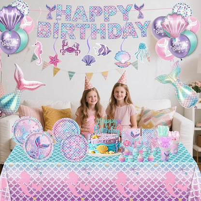 Mermaid Birthday Decorations Include Plates, Napkins, Cups, Cutlery, Hanging Swirls, Banner, Cake & Cupcake Toppers, Balloons, Tablecloth for Mermaid Party Decorations, Serve 20