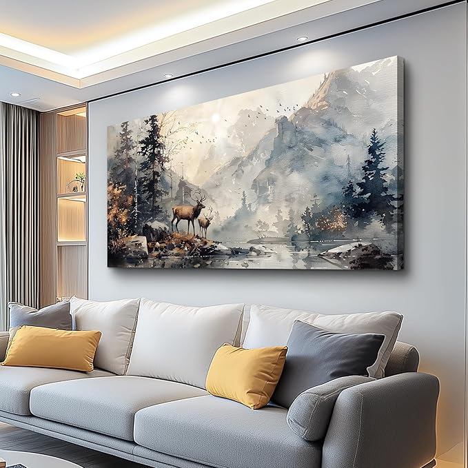 FUHAIHUA Canvas Wall Art For Living Room Large Wall Decor For Office Bedroom Wall Pictures Mountain Forest Landscape Ink Paintings Modern Poster Prints Artwork Room Home Decor Deer Mural 24x48 In