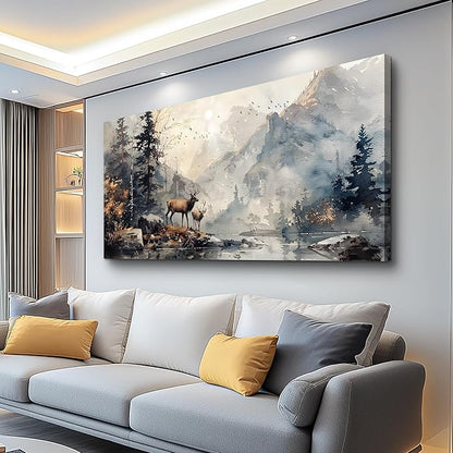 FUHAIHUA Canvas Wall Art For Living Room Large Wall Decor For Office Bedroom Wall Pictures Mountain Forest Landscape Ink Paintings Modern Poster Prints Artwork Room Home Decor Deer Mural 24x48 In