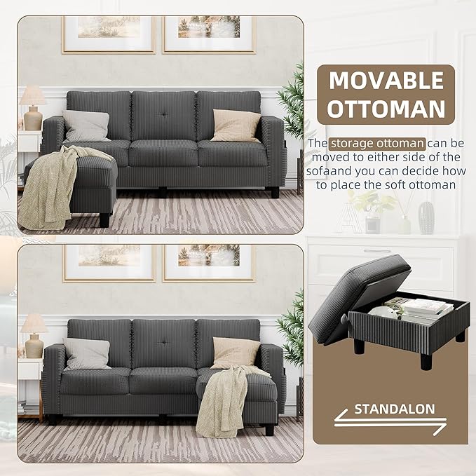 JAMFLY Convertible Sectional Couches for Living Room, L-Shaped Couch 3 Seat Sectional Sofa Set with Corduroy Fabric and Movable Ottoman Small Couch for Apartments, Office（Dark Grey）
