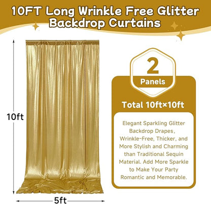 10ftx10ft Thick Gold Glitter Backdrop Curtain Panels for Parties, Wrinkle Free Sequin Sparking Photo Backdrop Drapes, 2 Panels 5x10ft Shimmer Back Drop Cloth for Wedding Birthday Photography