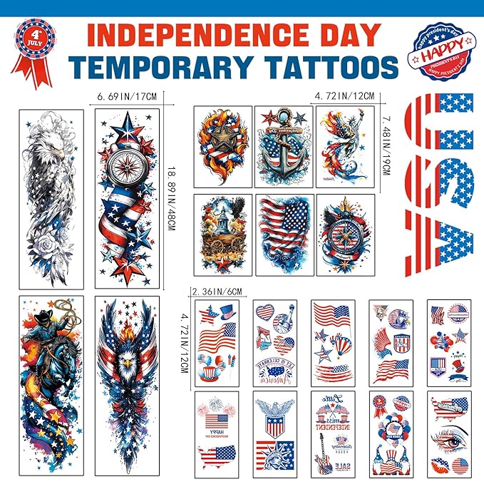 Independence Day Temporary Tattoos, USA Flag Patriotic Waterproof Fake Tattoos, Red White Blue Party Supplies Temp Tattoo Kits 4th of July Memorial Day, Veterans Day, Summer Festivals