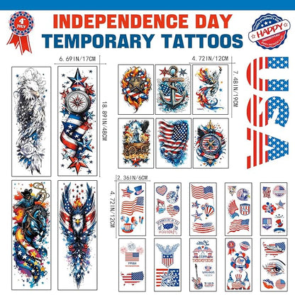 Independence Day Temporary Tattoos, USA Flag Patriotic Waterproof Fake Tattoos, Red White Blue Party Supplies Temp Tattoo Kits 4th of July Memorial Day, Veterans Day, Summer Festivals