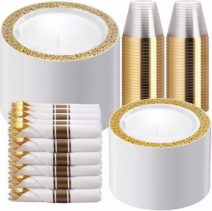 WELLIFE 100 Guests Dinnerware Sets, Gold Plastic Plates，Platos Para Fiestas Elegantes Desechables Include:100 Dinner Plates,100 Dessert Plate,400 Pcs Gold Plastic Silverware, 100 Cups for Party