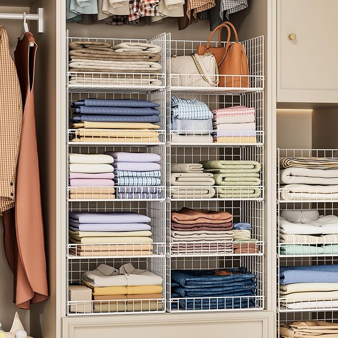 5-Tier Stackable Closet Organizers and Storage Basket - Foldable Closet Shelf Organizer System, Space-Saving Clothes Storage Bins Drawer Organizer for Wardrobe, White (Patent Pending)