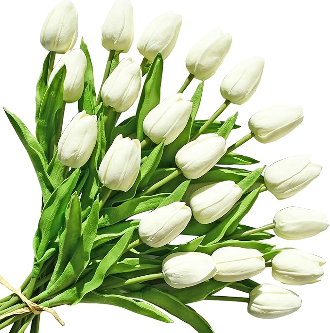 ONLY ART Artificial Cream Tulips 20 Pcs – 13.5 Inch PU Faux Flowers with Bendable Stems for Home Décor, Wedding Centerpieces, DIY Floral Arrangements, Table Decorations