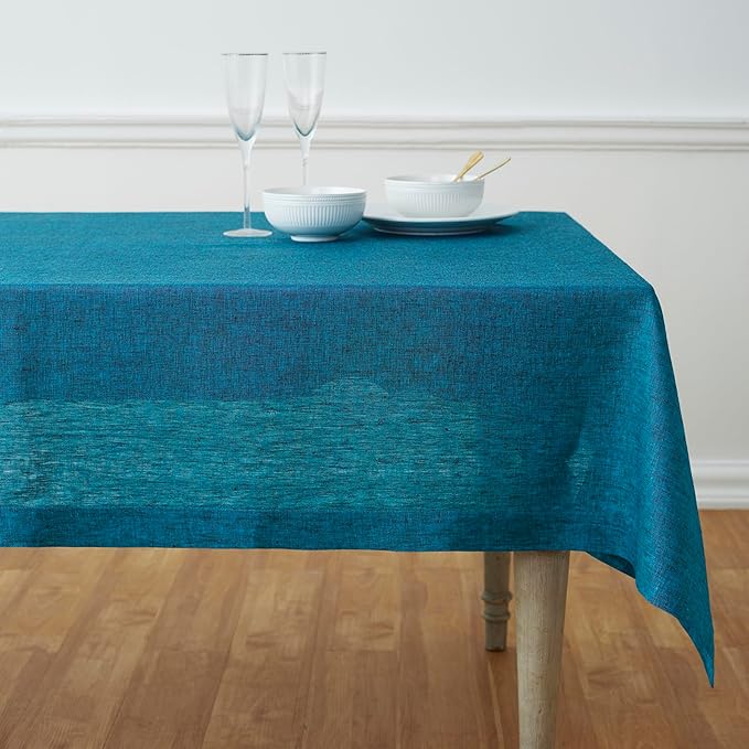 Solino Home Linen Tablecloth 60 x 90 Inch - 100% Pure Linen Chambray Teal Table Cloth for Rectangle Tables - Athena, Machine Washable Tablecloth for Fall, Autumn