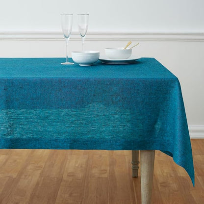 Solino Home Linen Tablecloth 60 x 90 Inch - 100% Pure Linen Chambray Teal Table Cloth for Rectangle Tables - Athena, Machine Washable Tablecloth for Fall, Autumn
