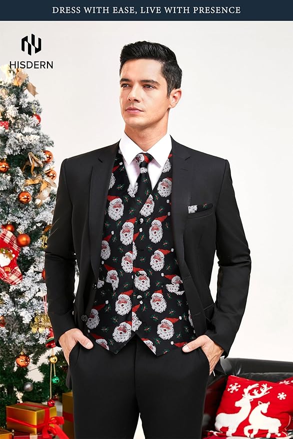 HISDERN Men's Suit Vest Christmas Holiday Season Party Jacquard Waistcoats Necktie Pocket Square Vest Suit Set