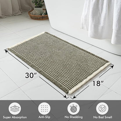 MIULEE Set of 2 Waffle Bathroom Rugs, Boho Bath Rugs Non Slip Washable, Super Absorbent Bath Mats, Ultra Soft Rubber Backed Shower Mats for Bathroom Floor, Tub, Green & Cream, 18x30 Inch