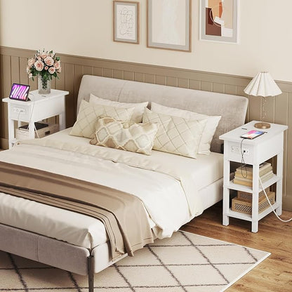 HOOBRO End Table with Charging Station, Flip Top Side Table with USB Ports, Narrow Nightstand Bedside Tables with Storage Shelves, for Small Space, Living Room, White WT141UBZ01