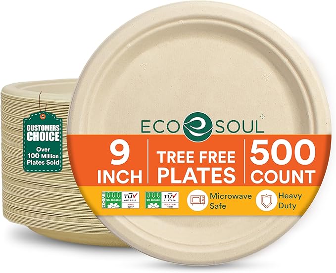 ECO SOUL Compostable 9 Inch(500-Pack) Biodegradable Heavy-Duty Disposable Eco-Friendly Paper Plates for Thanksgiving Dinner & Parties, Wedding, Event