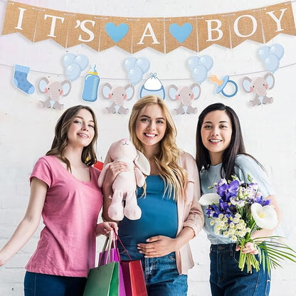 2 Pcs Baby Boy Shower Decorations Pre-Strung It's A Boy Burlap Banner and Elephant Baby Banner for Gender Reveal Birthday Shower Party Decorations