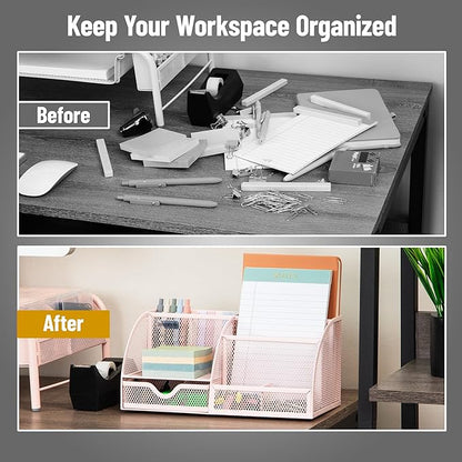 Mind Reader 7-Compartment Desktop Organizer, File & Accessory Storage, Metal Mesh Office Organizer for Desk, Workspace, Mail, Pink