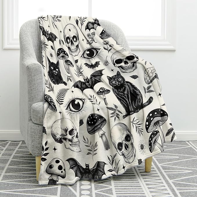 Jekeno Gothic Skull Blanket Cat Bat Mushroom Gifts for Women Men Kids Girls Boys Mom Wife Husband Dad Halloween Birthday Christmas Skeleton Horror Dark Presents Home Bedroom Room Decor Throw 50"x60"