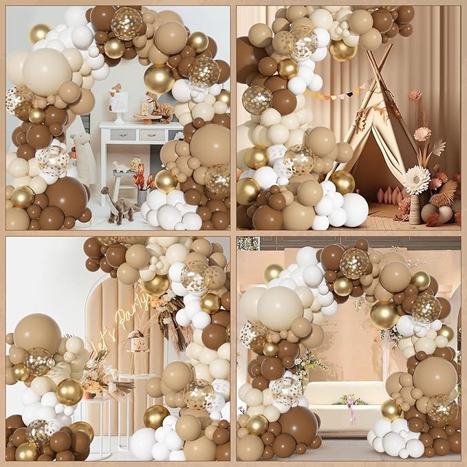 Ouddy Party Brown Balloons Arch Garland Kit, Different Sizes 18 12 10 5 Inch Brown Nude Gold Boho Neutral White Latex Metallic Confetti Balloon for Bear Baby Shower Safari Birthday Party Decorations