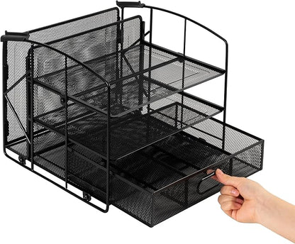 Amazon Basics Sturdy Rectangular Desktop Organizer with 3 Trays, Sliding Drawer and Hanging File Holder for Office Supplies, Black