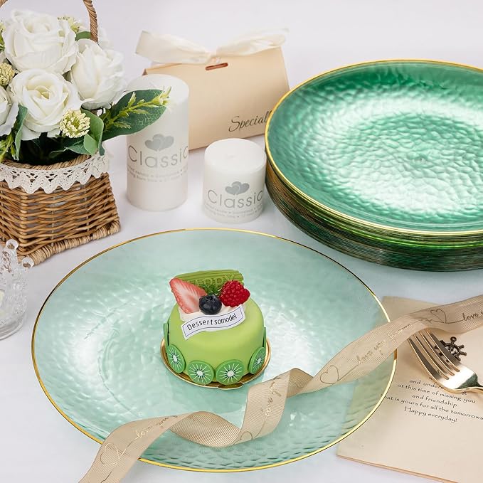 Rubtlamp 100 Clear Green Gold Plastic Plates, Hammered Clear and Gold Disposable Plates Include 50 Dessert Platos, 50 Dinner Platos for Party