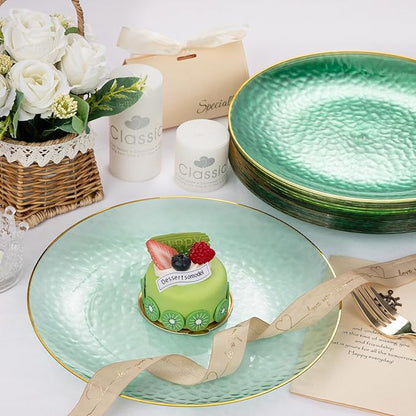 Rubtlamp 100 Clear Green Gold Plastic Plates, Hammered Clear and Gold Disposable Plates Include 50 Dessert Platos, 50 Dinner Platos for Party