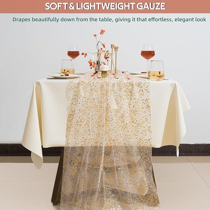 3 Pcs Gold Table Runners, 28In x 10 Ft Sheer Chiffon Tulle Cheesecloth with Glitter Metallic Foil, Golden Sequin Gauze Runner for Wedding, Birthday, Baby Shower, Anniversary Party Decor, Lace