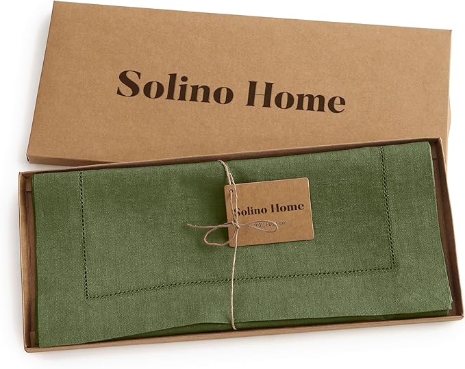 Solino Home Linen Olive Table Runner 132 Inches Long - 100% Pure Linen Extra Long Table Runner 14 x 132 Inch for Fall, Autumn, Christmas, New Year - Classic Hemstitch