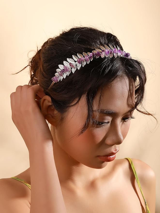 MINACHI Boho Created Amethyst Leaf Hairband, Silver-Tone Handmade Festival Crown, Jewelry Gift for Women Mother's Day