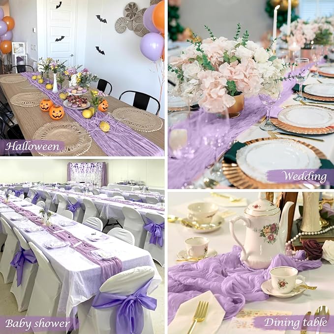 12 Pack Lavender Cheesecloth Table Runner 10Ft Boho Gauze Cheese Cloth Romantic Lilac Table Runner for Wedding Bridal Shower Birthday Party Fall Thanksgiving Table Decor (Light Purple)