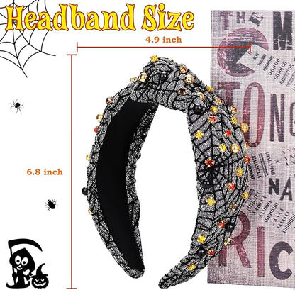 Halloween Headbands for Women, Spider Web Black Pearl Rhinestone Wide Jeweled Knotted Headband, Crystal Beaded Jeweled Top Knot Embellished Headband Hair Accessories Halloween Birthday Gift